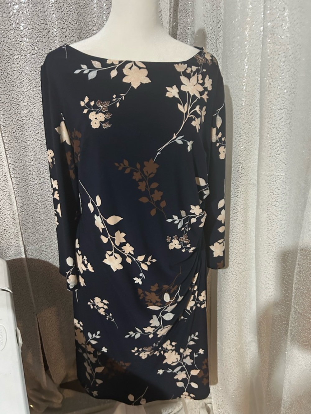 Chaps Navy Floral Long Sleeve Boatneck Dress with free bag